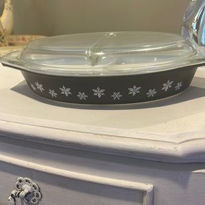 Vintage Pyrexx black and white and divided casserole